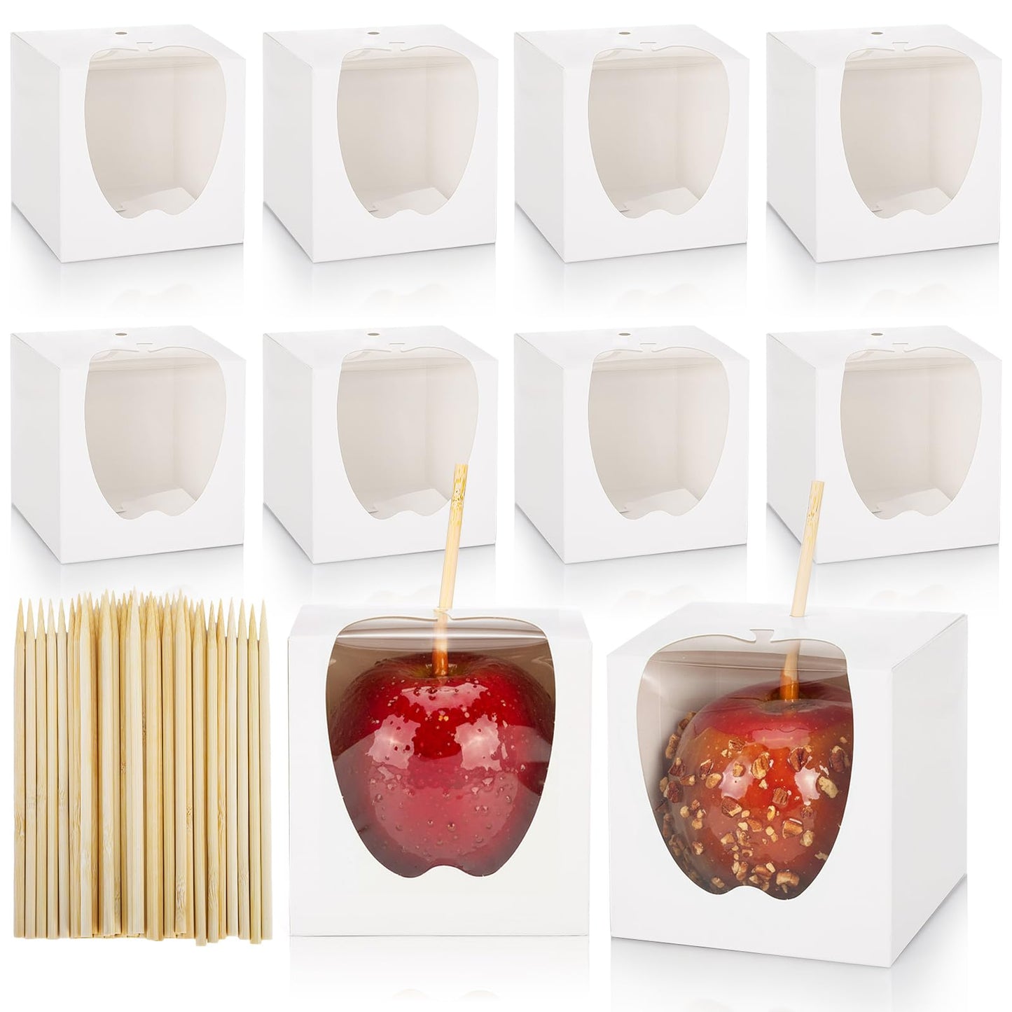 ZEAYEA 50 Pack 4"x 4"x 4" Candy Apple Boxes with Window and Sticks, Food Grade Caramel Apple Gift Boxes with Hole, Carboard Treat Favor Packaging for Halloween, Thanksgiving, Wedding, Party