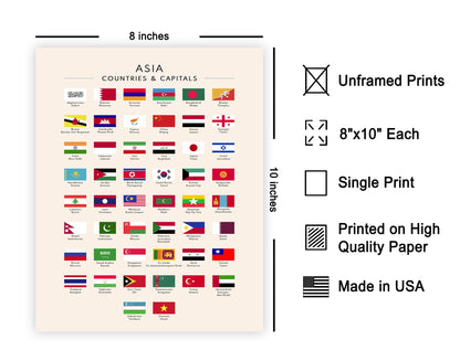 Poster Master Flags of Asia Poster - Asian Countries & Capitals Print - Learning Materials Art - Educational Art - Gift for Student & Teacher - Decor for Classroom or Library - 8x10 UNFRAMED Wall Art