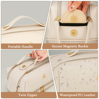 CLOUDWINGS Gifts for Women Birthday Gifts Initial Makeup Bag for Women Personalized Large Capacity Travel Toiletry Bag Cosmetic Bag Gifts for Mom-Graduation Gift for Teens Girls (Beige A)
