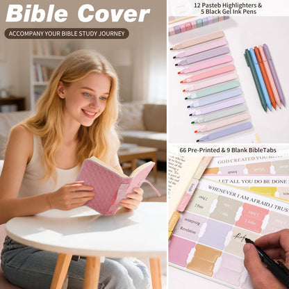 KOPKOFT Large Bible Cover Case for Women, Quilted Church Tote Bag with Shoulder Strap, Bible Study Supplies Journaling Kit Bible Accessories, Christmas Christian Gift for Women (Pink)