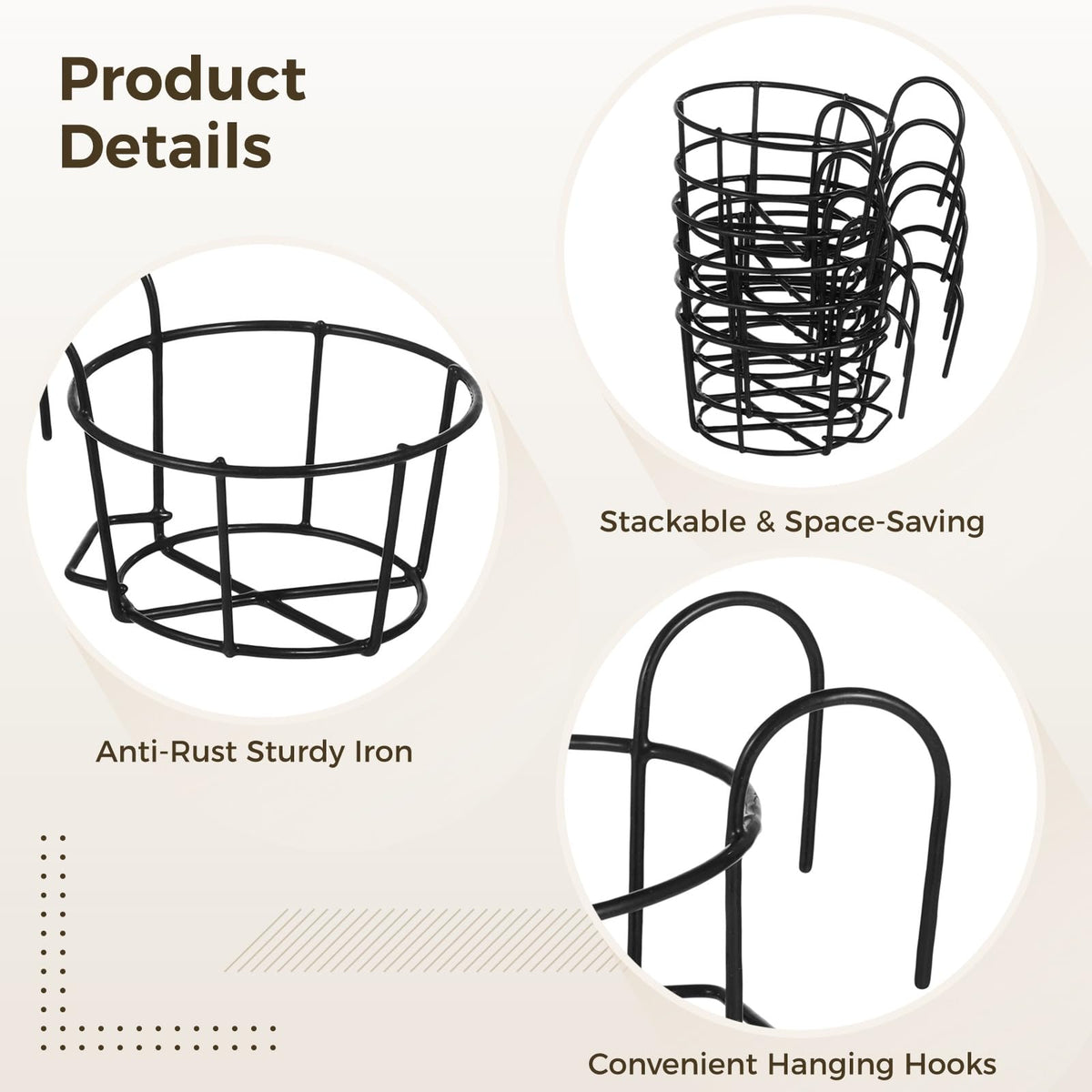 6 PCS Round Hanging Railing Planters, Hanging Flower Stand Iron Baskets, Hanging Planters for Outdoor Plants, Metal Rack Fence Shelf Plant Holder with Hooks for Balconies, Gardens, Indoor Spaces