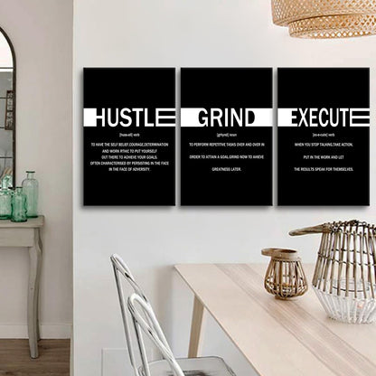 YSPCSUN Triptych Wall Decor Inspirational Posters for Office, Black White Hustle Grind Execute Quote 3 Panel Canvas Prints for Home Office Dorm Gym, 48x24 Inch Display Print