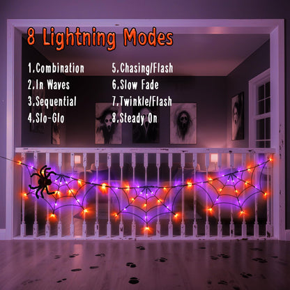 FFZZKJ Halloween Decorations Spider Web Lights 6FT 60LED Battery Operated/USB Powered with Black Spider with Timer 8 Modes Indoor Outdoor for Halloween Decor, Orange&Purple