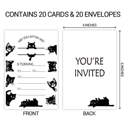 ZYQFN 20 Black Cat Birthday Invitations for Girls Boys Kids Adult with Envelopes - 4x6 Inch Kitten Card, Cute Pet Themed Party Invites. (030)