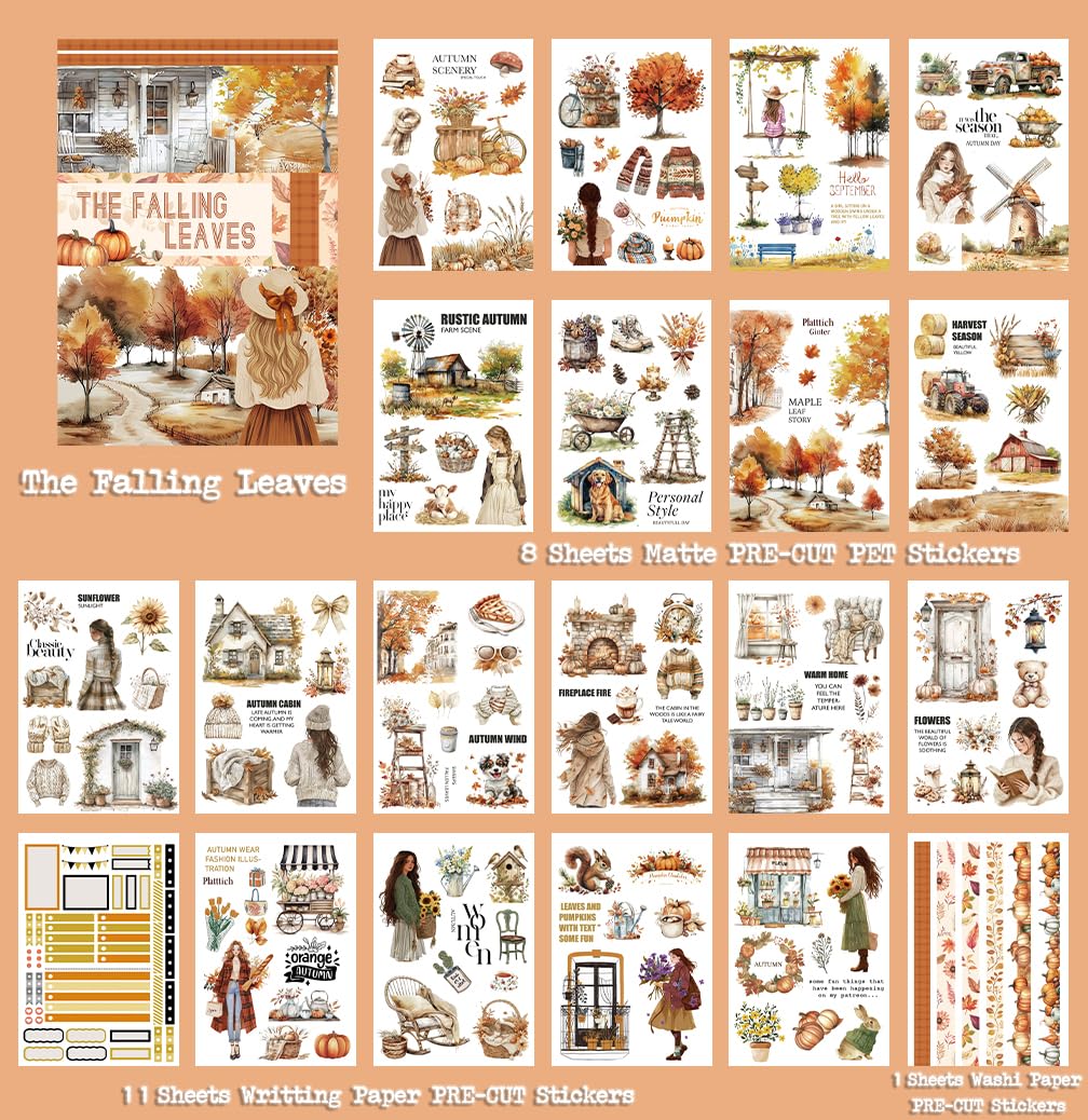 Dwpetzo Cozy Autumn Journaling Sticker Book, 20 Sheets Pe-Cut PET, Washi Tape, and Craft Paper Stickers for Junk Journal Supplies, Aesthetic Fall Stickers for Bujo, Collage, Scrapbook Supplies
