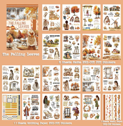 Dwpetzo Cozy Autumn Journaling Sticker Book, 20 Sheets Pe-Cut PET, Washi Tape, and Craft Paper Stickers for Junk Journal Supplies, Aesthetic Fall Stickers for Bujo, Collage, Scrapbook Supplies