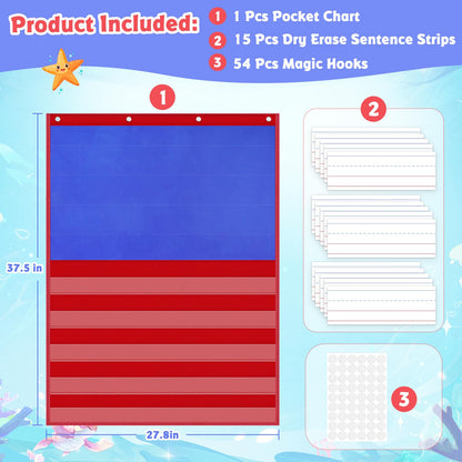AUVCAS Felt Board for Wall – Classroom & Homeschool Pocket Chart, Flannel Board with 5 Clear Pockets & 4 Metal Grommets,Includes 15 Dry Erase Sentence Strips & 54 Adhesive Dots,37.5" x 27.8"