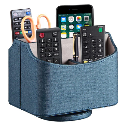 PUSU Remote Control Holder PU Leather 360 Degrees Rotatable Desktop Supply Organizer Storage Box for Controllers Media Stationery Nightstand TV Caddy E-reader iPad Phone Pen/Pencil Cosmetic