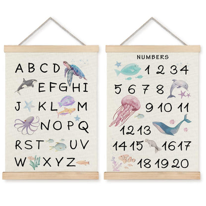 Supwhd Ocean Nursery Decor, Alphabet Numbers Ocean Animals Poster Hanger Frame, Sea Animals ABC 123 Educational Wall Decor for Nursery Kids Room Playroom Classroom Homeschool, 12x16 Set of 2