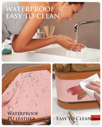 Lemuvlt Double-Layer Toiletry Bag, Water-Resistant Hybrid Leather Cosmetic Organizer with Wet/Dry Compartments, 26x15x16cm (Pink, Double layer)