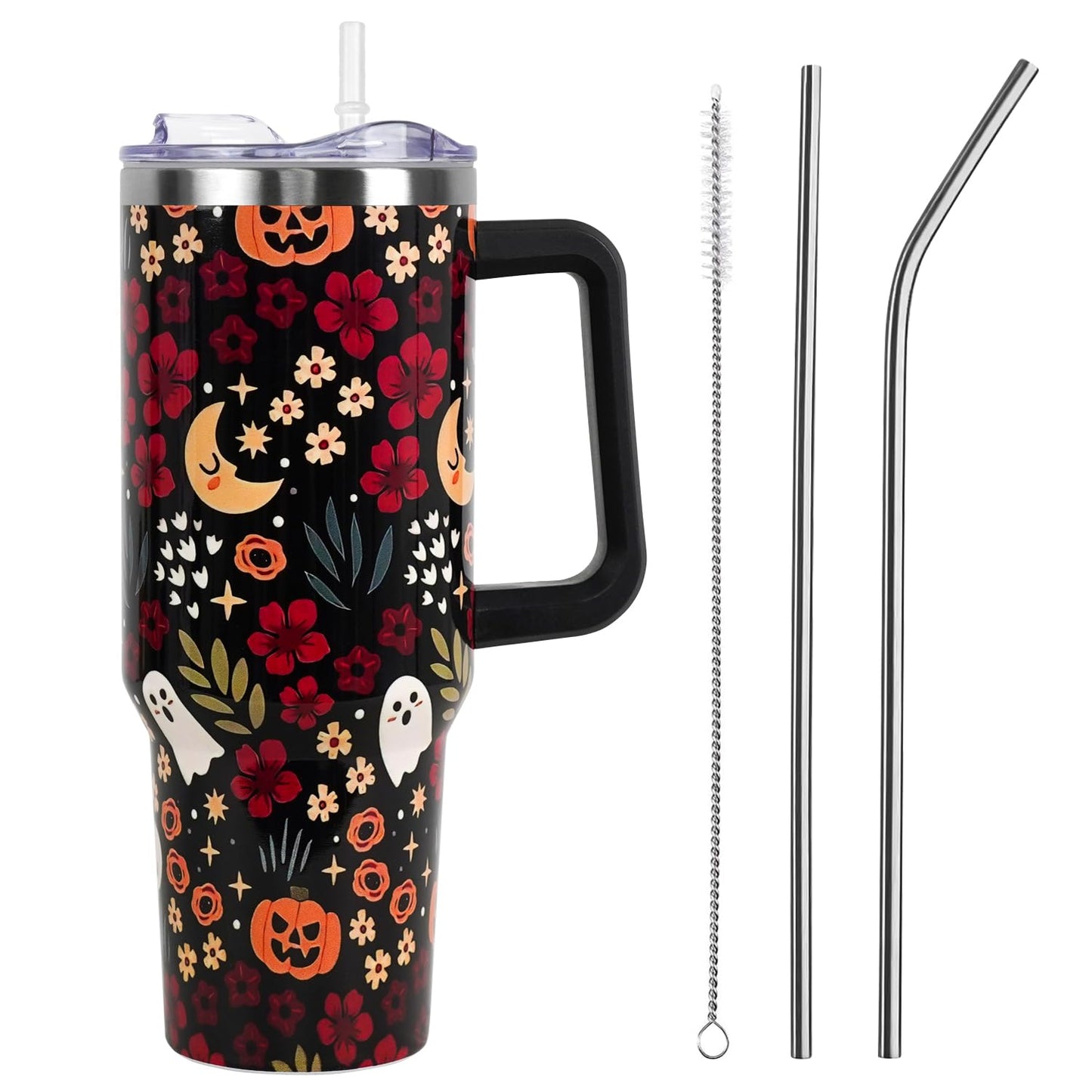 Halloween Tumbler with Lid and Straw 40oz,Fall Skulls Ghost Pumpkins Flower Vacuum Insulated Leak Proof Tumbler,Goth Cute Spooky Gift Women Girls,Thanksgiving Accessories Stainless Steel Coffee Cup