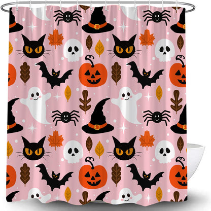 JOFKAXU Pink Halloween Shower Curtain Cute Ghost Pumpkin Spooky Black Cat Scary Skull Horror Bat Magic Witch Hat Gothic Spider Web Bath Curtain with Hooks