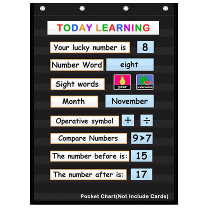 AUVCAS Standard Pocket Chart for Classroom & Homeschool, Heavy Duty Hanging 10-Pocket Chart for Word Wall/Letter Cards/Sentence Strips, Teacher Supplies, 43" H x 28" W, Black