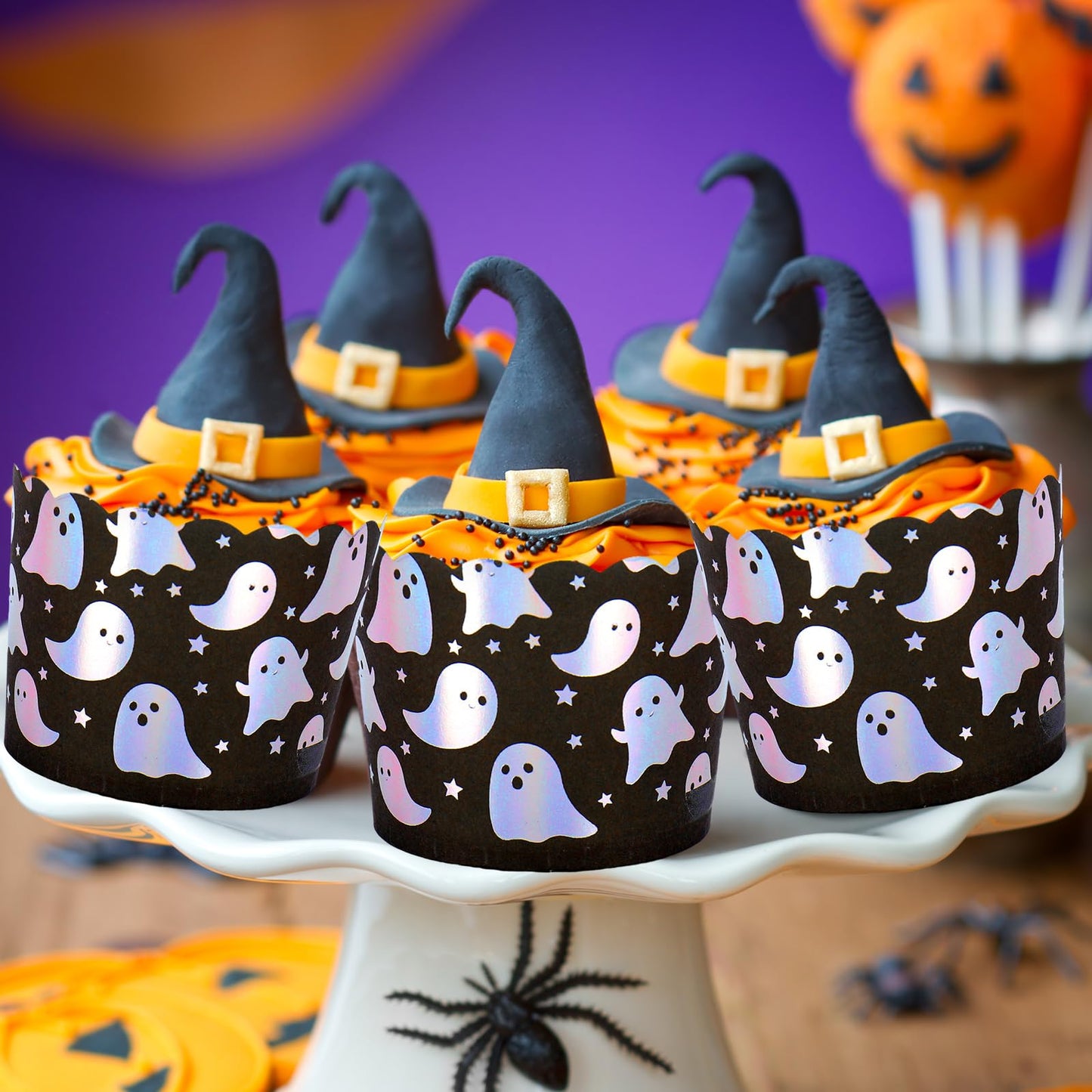 JarThenaAMCS 100Pcs Halloween Paper Baking Cups Holographic Ghost Star Cupcake Wrappers Iridescent Scalloped Edge Cupcake Muffin Cases for Halloween Little Boo Party Supplies