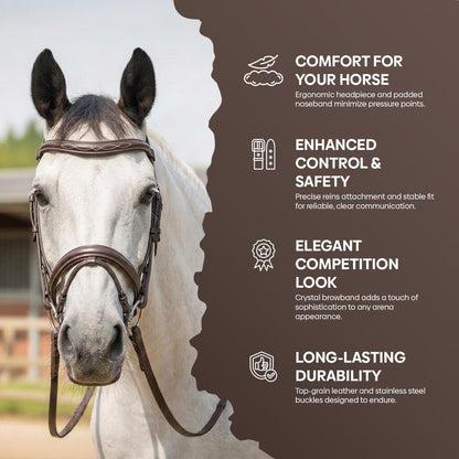 Equine Care English Horse Bridle with Reins – Fancy-Stitched, Padded Comfort Crown & Noseband, Vegetable-Tanned Leather, Stainless Steel Fittings, Full Size Hunter Jumper Tack