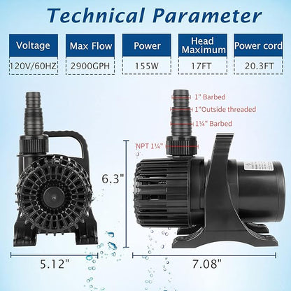 WaterRebirth (2900GPH-155W,UL listed) High Flow Large Fountain Submersible Water Pond Sump Pump Aquarium Electric Waterfall Pump Outdoor PS- 2900 (Pack of 2)