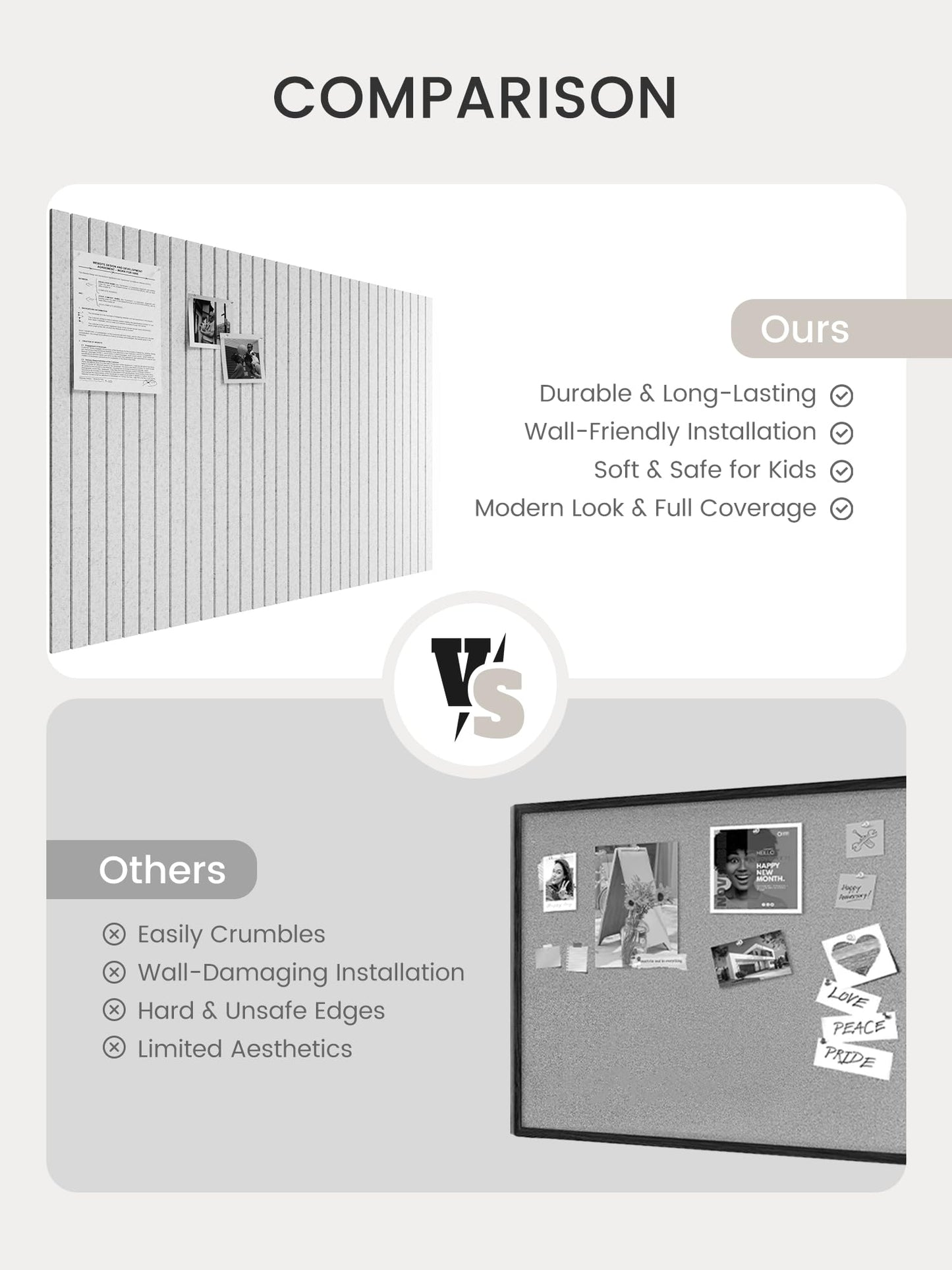 Bumusty Large Cork Board Alternative-48 x 36" Felt Bulletin Board Tiles, with 30 Pushpins, 70 Adhesive Tabs, Fine-Stripe 12-Pack, Cork Boards for Office Push Pin Board Felt Board-Light Gray