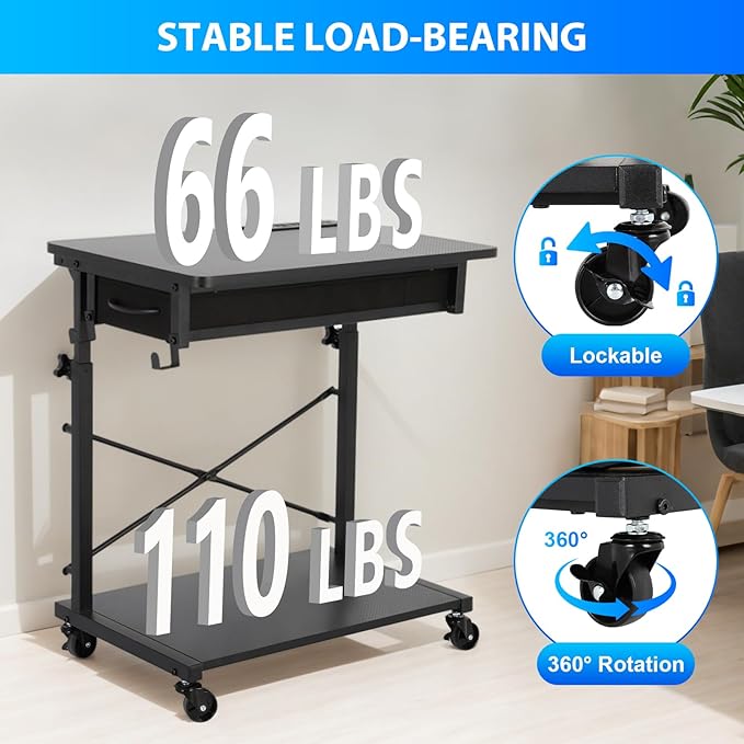 FAHKNS 2-Tier Computer Tower Stand - Computer Tower Floor Stand，PC Tower Stand with Power Outlet & Lockable Wheels，PC Holder for Office/Home/Studio/Game Room