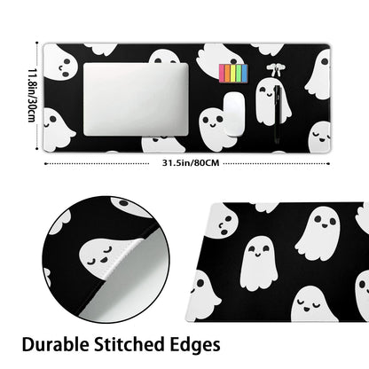 Halloween Cute Ghost Mouse Pad Kawaii Cartoon Spooky Funny Spirit Extended Desk Mat Non-Slip Rubber Base Stitched Edge Large XL Black White Mousepad for Desk Gaming Laptop Desktop,31.5×11.8 Inch