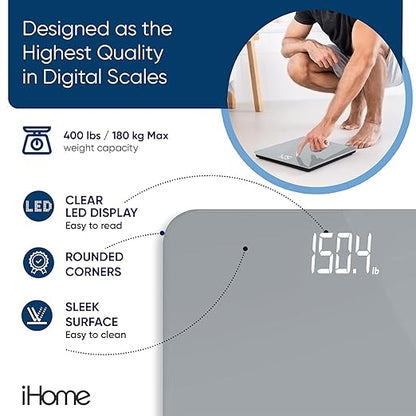 iHome Digital Scale, Bathroom Scale, Batteries Included, Scale Body Weight, Weight Scale, Digital Scale, Bathroom Scales for Weight, Digital Scales for Body Weight (Grey)