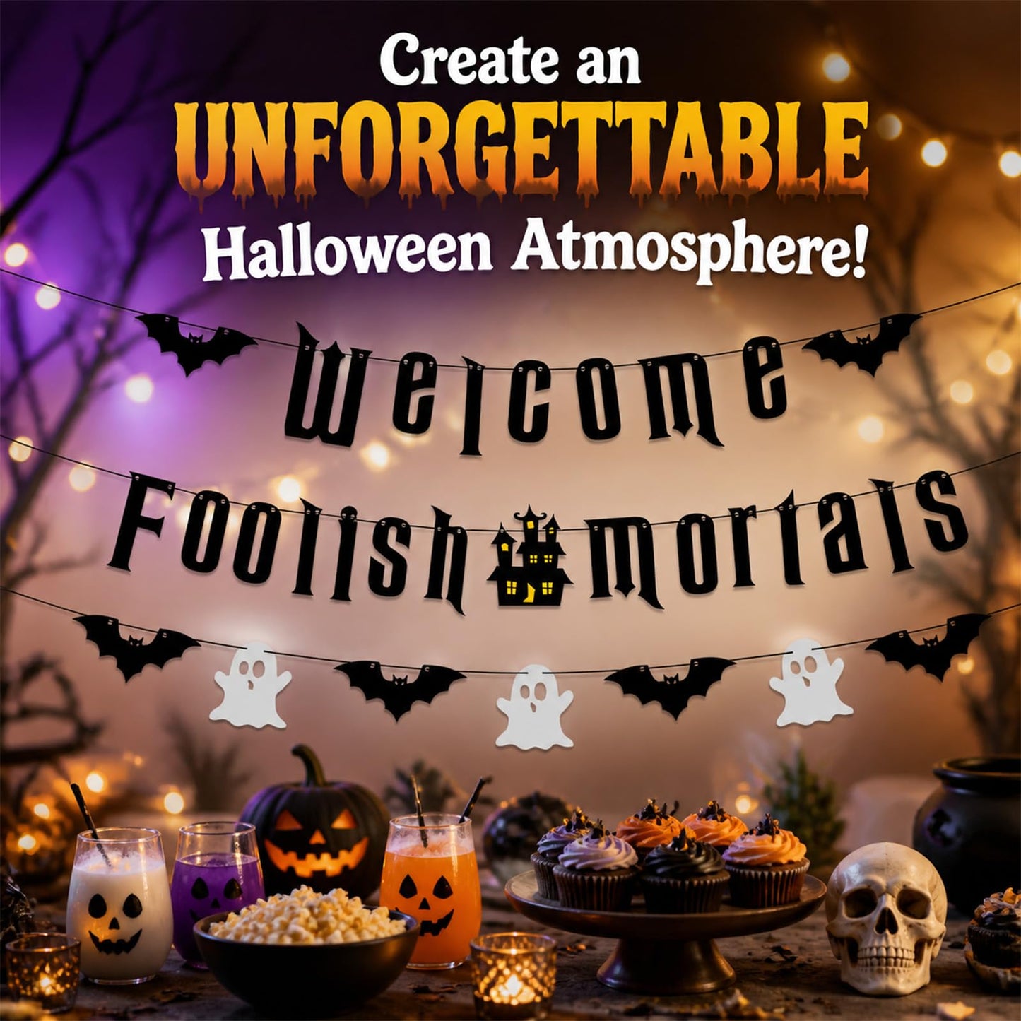 Welcome Foolish Halloween Mortals Banner Party Decorations Glitter Halloween Haunted House Gothic Mansion Decor Bat Spider Ghost Theme Sign for Indoor Laundry Room Farm Bar Home Wall Mantle Decor