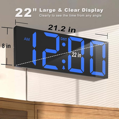 JALL 22" Large Digital Wall Clock, Big LED Number Dispaly, DST, Night Light for Classroom, Living Room, Bedroom, Mounted, Birthday Xmas Gift for Senior, Mem Womem Mom Dad, Blue