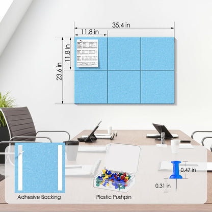 MaxGear Large Cork Board for Wall 36" x 24", Blue Bulletin Board, 6 Pack Felt Wall Tiles with Pushpins, Cork Boards for Office Push Pin Board Tack Board Felt Board
