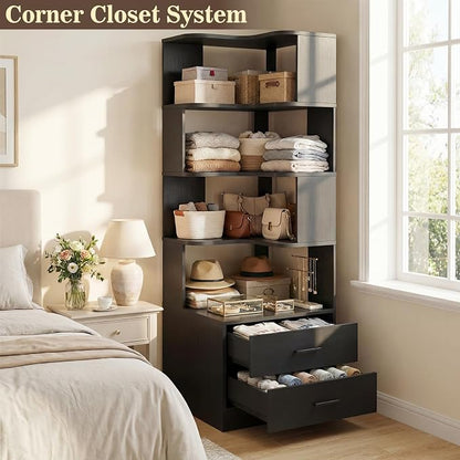 Armocity Corner Bookshelf with Drawers, 7 Tier Corner Book Shelf Display Bookcase, Freestanding L Shaped Bookshelf for Bedroom, Home Office, Black