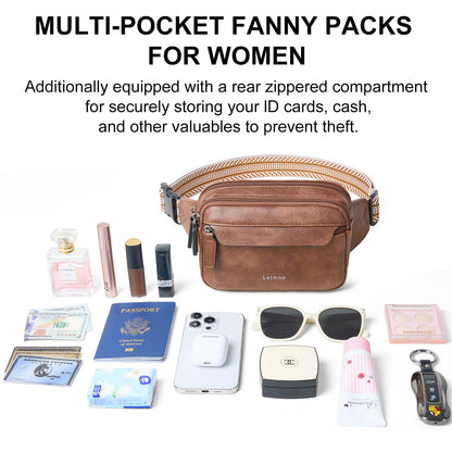 LATMAP 3L Fanny Packs for Women Cross Body Bag Vegan Leather Chest Belt Bag Fashion Waist Pack Small Bum Bag Crossbody for Travel Running Workout, Brown