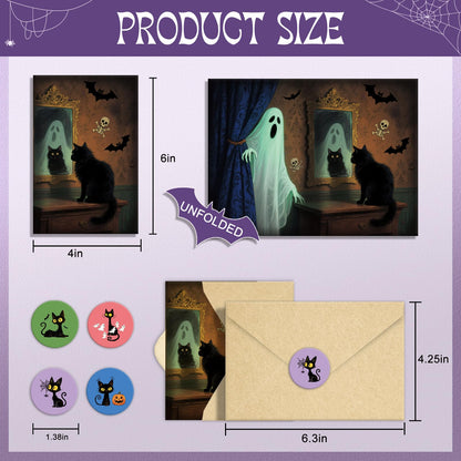 SuperShunhu 24 Pack Black Cat & Ghost Themed Halloween Card Set, Boxed Halloween Cards for Friends and Family, Spooky Blank Note Cards with Cats and Ghosts, 4 * 6 in