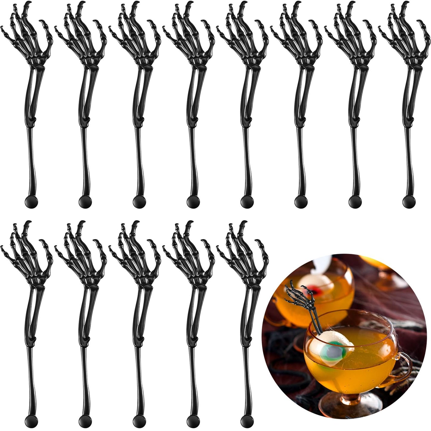 Remerry 48 Pcs Halloween Drink Stirrers Skeleton Swizzle Sticks Skeleton Arms Hands Cocktail Garnish Plastic Cocktail Food Picks for Halloween Bar Horror Party Table Decoration (Black)