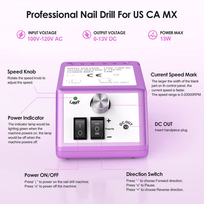 Professional Nail Drill Machine 30000 RPM Efile Electric Nail Filer Kit for Finger Toe Nails, Acrylic Gel Nails, Manicure Pedicure Drill with 6Pcs Nail Bits, 106Pcs Sanding Bands - Pink