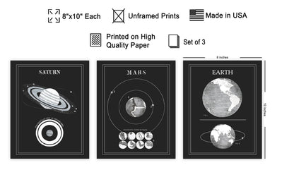 Poster Master 3-Piece Space Wall Art Set, 8x10 Unframed Art Print Posters, Lunar Home Decor, Astrological Room Decoration Poster, Black & White Lunar Design, Gift for Planetary Astrology Fans