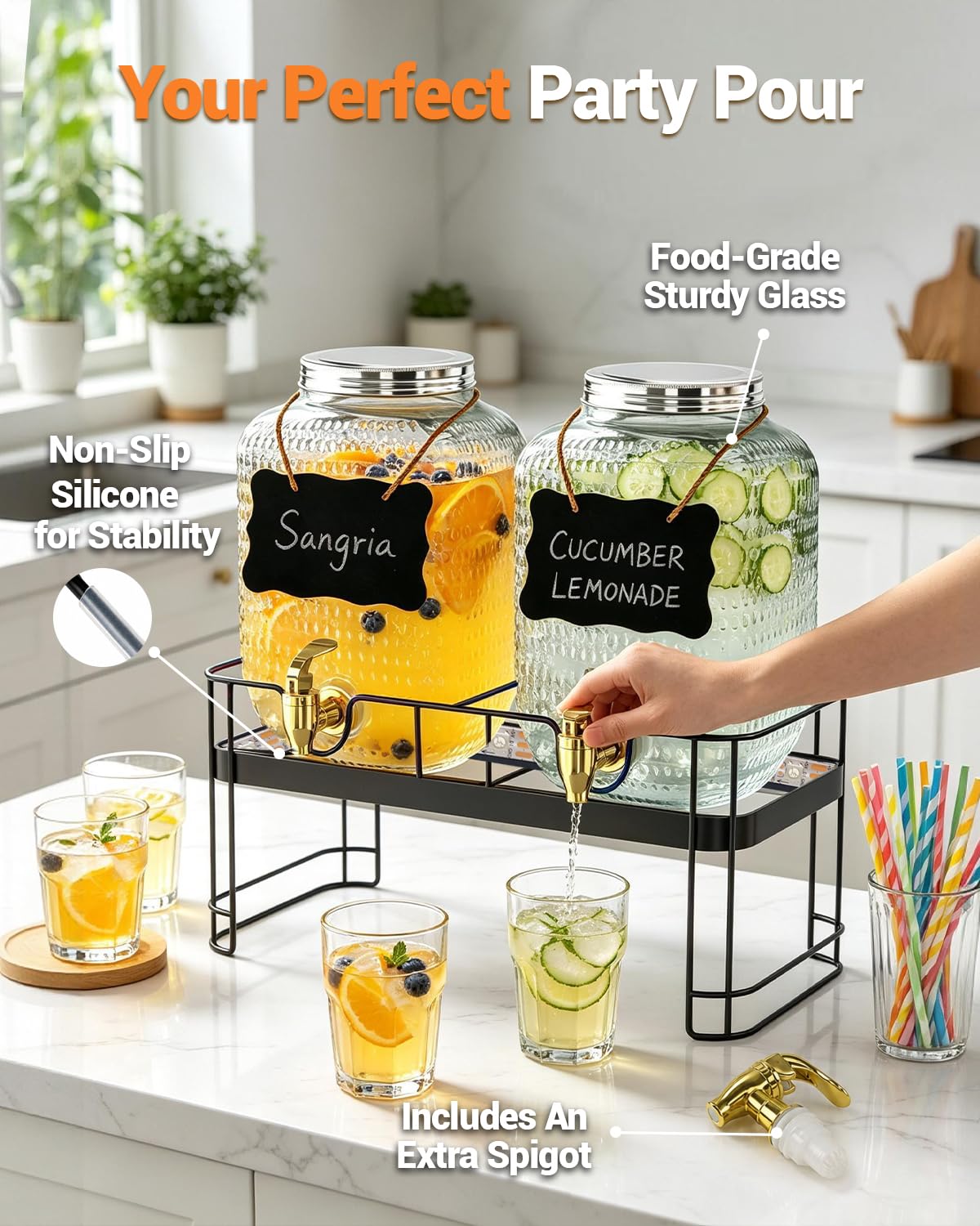 PAROTO Glass Drink Dispensers for Parties, 2 Pack 1 Gallon Each Beverage Dispenser with Stand and LED Strip Light, Juice Lemonade Water Dispenser with Spigot for Wedding, Bar, Picnic, BBQ, Buffet