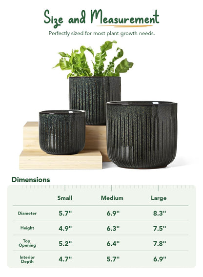 LE TAUCI Ceramic Pots for Plants, 8.3/7/6 Inch Indoor Planters with Drainage Holes & Mesh, Modern Glossy Glaze Cylinder Fluted Plant Pot for Snake Plant, Set of 3, Dark Olive