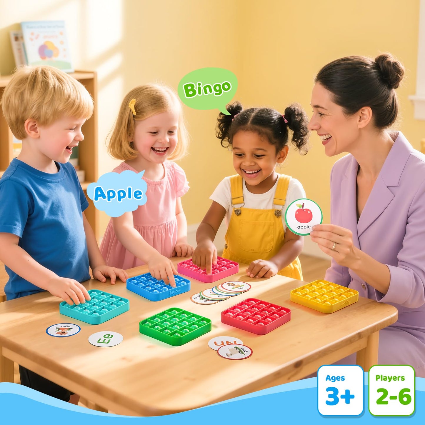 JoyCat Alphabet Bingo Game for Kids Ages 3-5, Sensory ABC Learning Toy with 6 Reusable Silicone Bingo Boards, 26 Double-Sided Letter & Picture Cards, Preschool Kindergarten Classroom Game