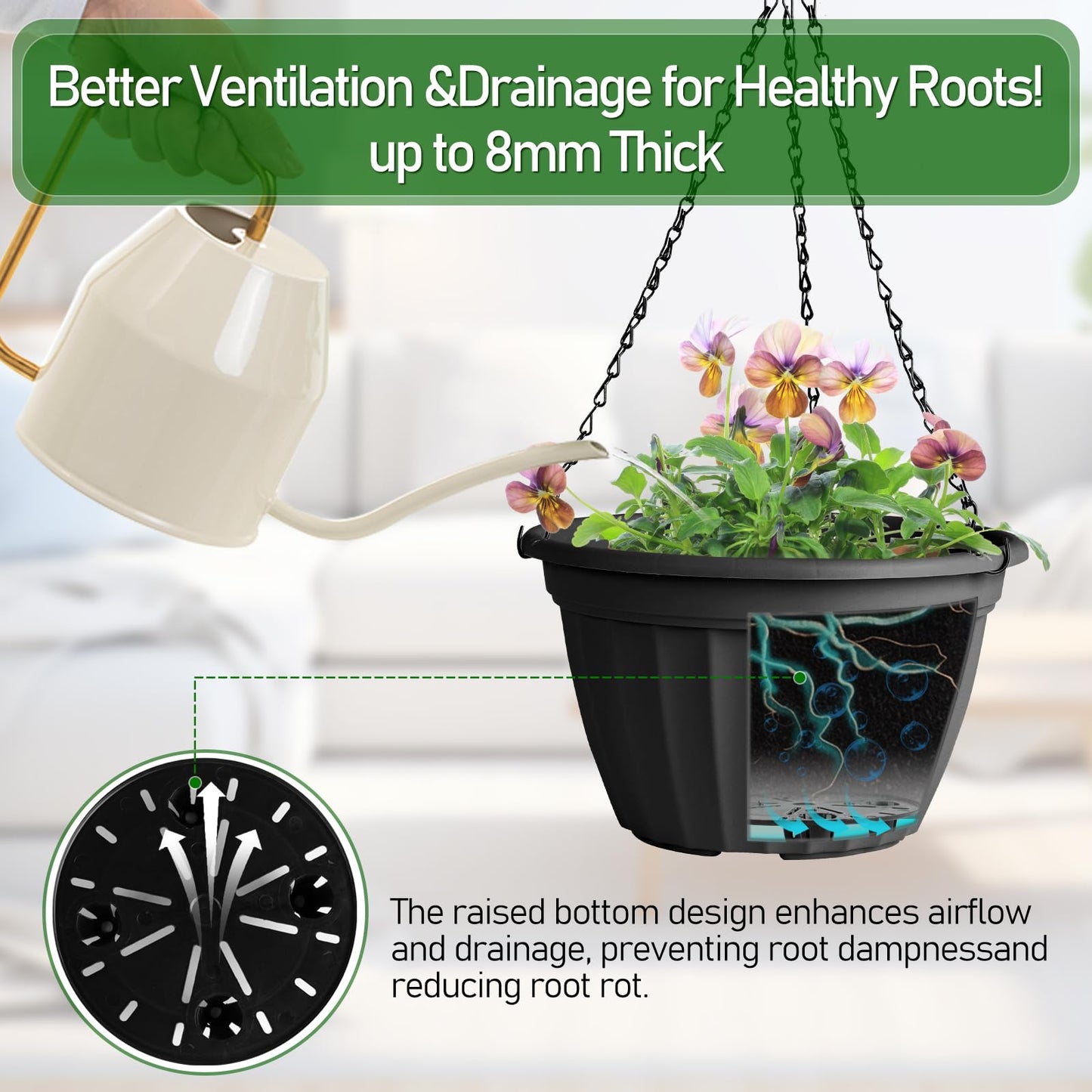 FGstyle Hanging Planters 10 Inch, 4 Pcs Self Watering Pots for Indoor Plants,Plastic Hanging Basket with Soil Elevator and 20" Chain for Home Garden Porch Balcony Patio Decor(Black)