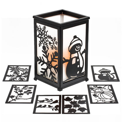 Decorative LED Candle Lantern with Timer & 12 Magnetic Seasonal Panels - Battery Operated Flameless Flickering Candle - Rustic Black Metal Lantern for Indoor & Outdoor Home Decor, 5” x 5” x 8.5”