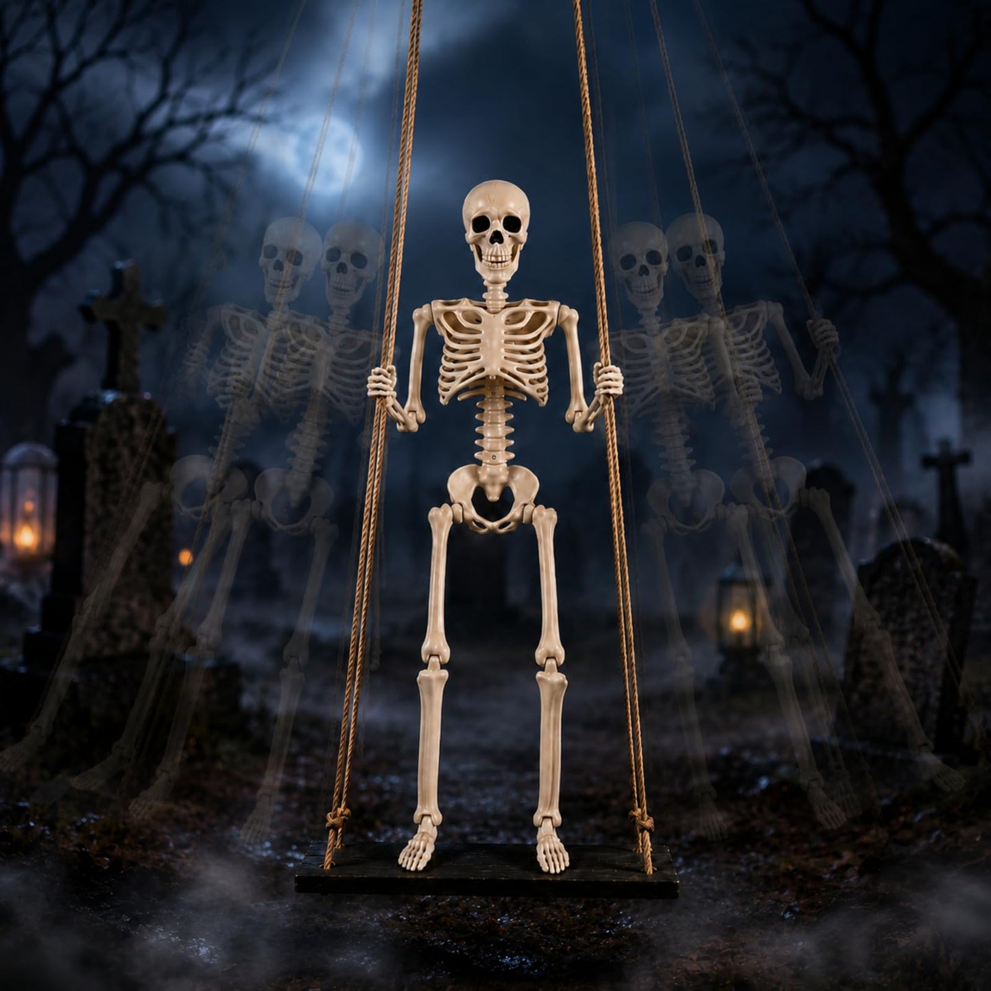 Sintuff Halloween Swinging Skeleton on Swing, Outdoor Swinging Ghost Decor, 35.4" Hanging Skeleton with 13.8" Wooden Seat for Yard, Porch, Tree, Spooky Halloween Decorations