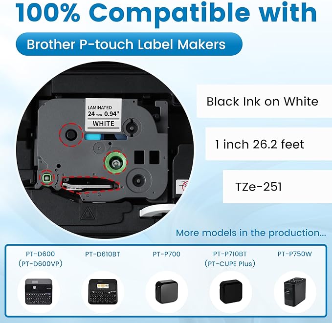Freshworld 6-PK TZe-251 Replace for Brother Label Maker Tape 24mm White Laminated Compatible with Brother P-Touch Label Tape 1 inch White Refills TZe251 for PT-D600 D610BT P700 P710BT P750W P910BT