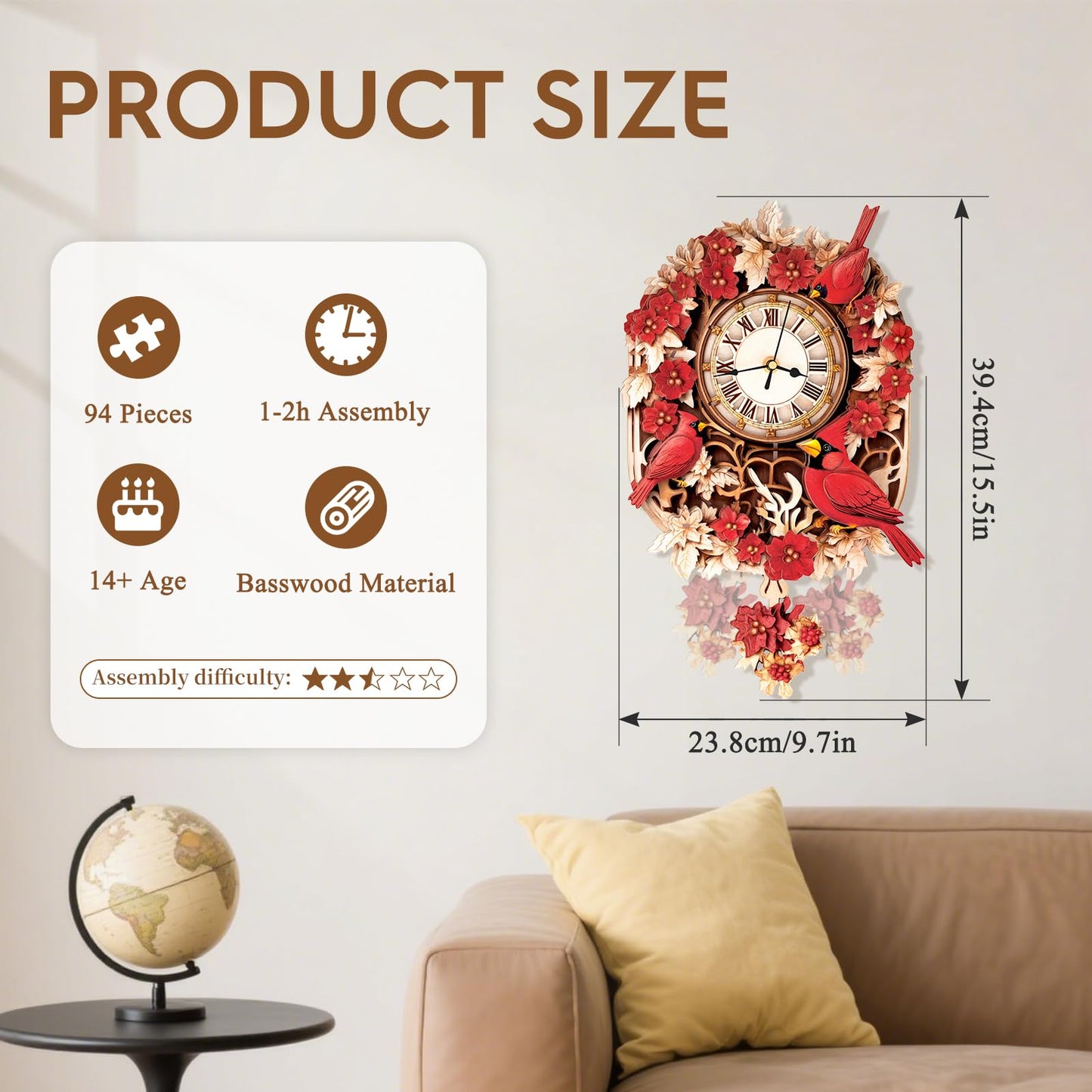 Cutywood 3D Puzzles for Adults Clock-Cardinal Design Model Kit-Mechanical DIY Pendulum Clock with Roman Numerals-Desk Home Office Decor Personalized Gift for DIY Lovers