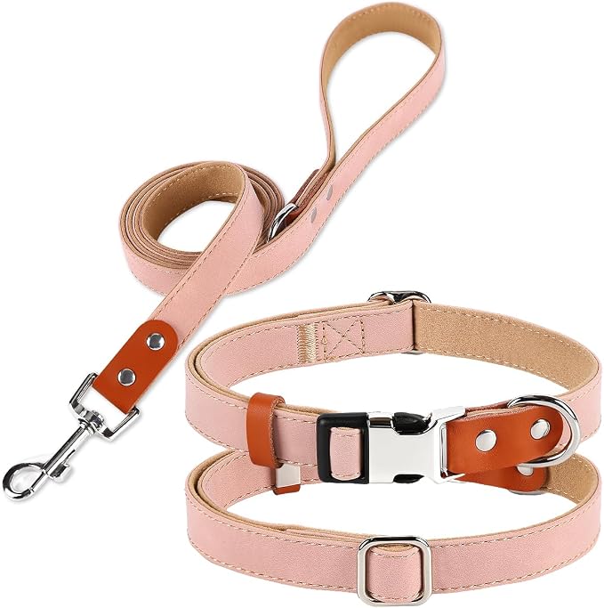 Dog Collar and Leash Set, PU Leather Dog Collar – Adjustable Eco-Friendly with Genuine Leather & Hemp, Soft Breathable Dog Collar Set for Small to Large Dogs (Pink, L（15“-21”）)