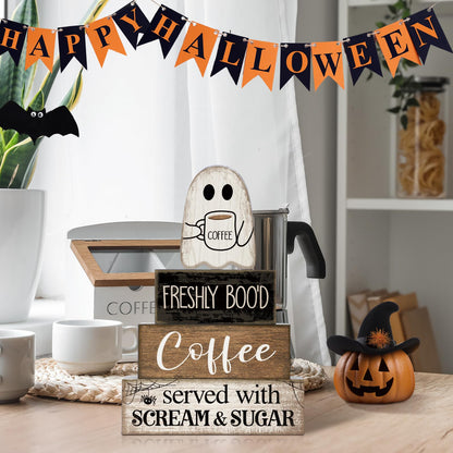 Lineshading 4 Pcs Halloween Table Decor Coffee Ghost Wooden Sign Halloween Tiered Tray Decor Farmhouse Ghost Tabletop Centerpiece Decorative Coffee Bar Block Signs for Home Office Kitchen Shelf