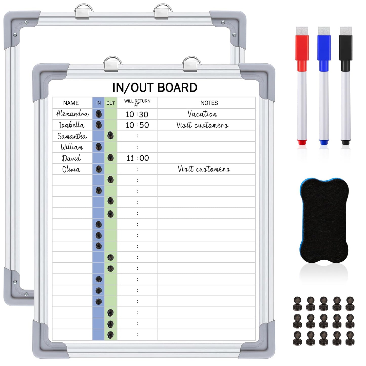 Lincia in and Out Magnetic Dry-Erase Board 16" x 12" Aluminum Framed White Board with Lines 21 Names with Magnetic Dry-Erase Marker, Eraser, and 20 Magnets Wall-Mounted for Office Employee