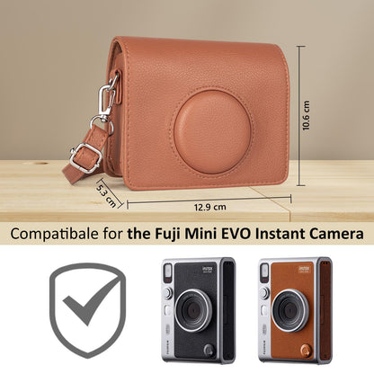 MUZIRI KINOKOO Instax Mini EVO Case with Photo Print Slot Lychee-Grain PU Leather Fuji Mini EVO Camera bag with Adjustable Shoulder Strap&Precise Charging Port&Detachable Protective Cover-Brown