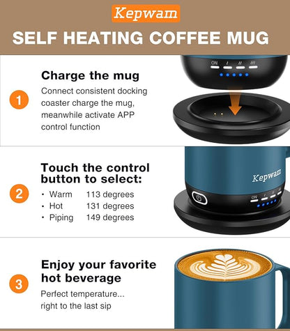 Kepwam Heated Coffee Mug T1-14oz Fast Heating & Longer Battery Life Self Heating Coffee Mug Hot to 149℉ - Touch & App Controlled Mug Coffee and Hot Beverage Warmer, Gifts for Women and Men