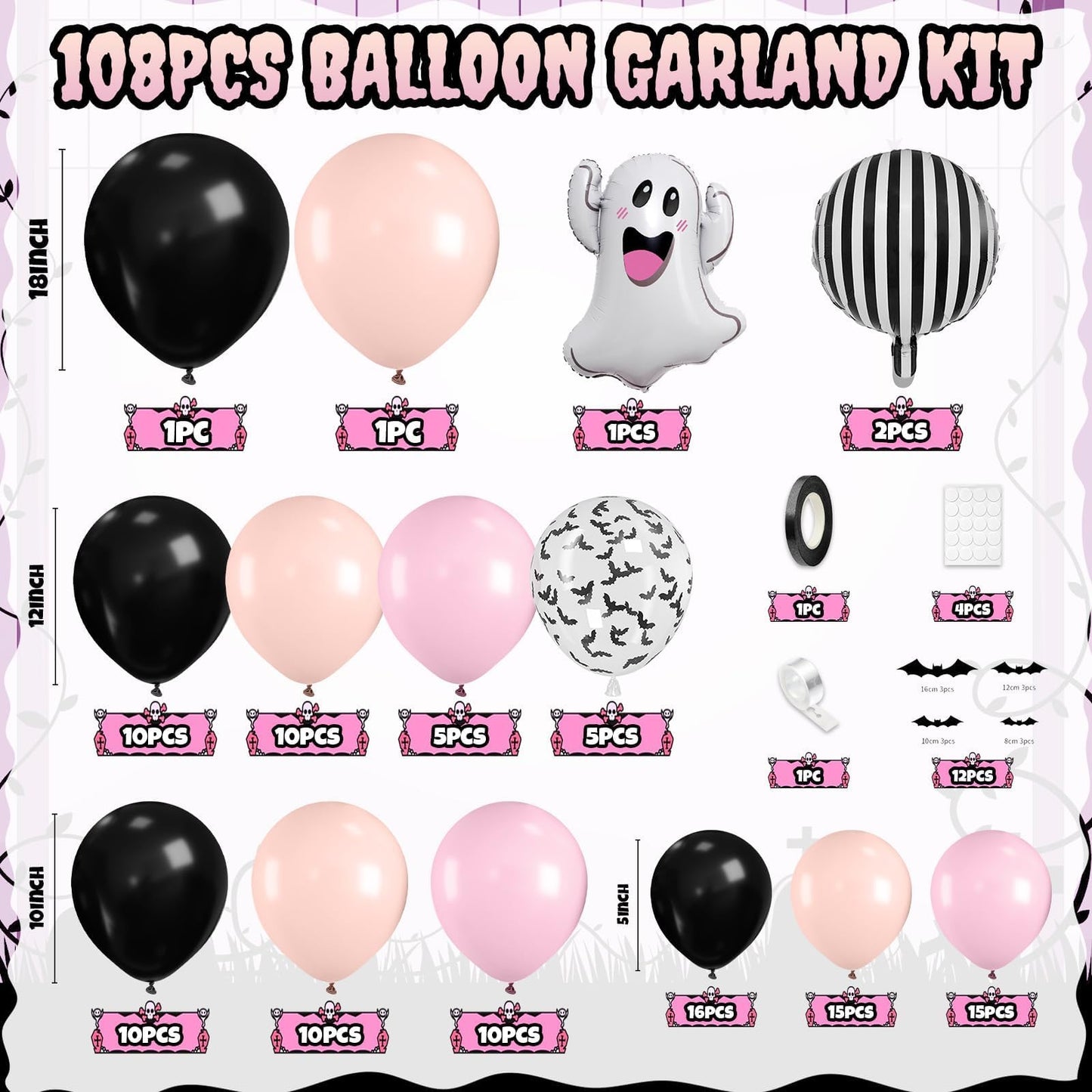 Halloween Balloon Arch Garland Kit, Black Pink Macaron Orange Black and White Striped Ghost Foil Balloons with 3D Bat Stickers for Girls Halloween Party Spooky Birthday Party Decorations