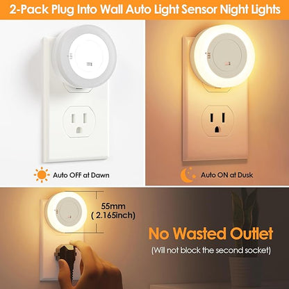 FOLKSMATE LED Night Lights Plug in, 2-Pack Dimmable Nightlight Plug Into Wall with Light Sensor, Soft White Adjustable for Adults, Bedroom, Bathroom, Livingroom