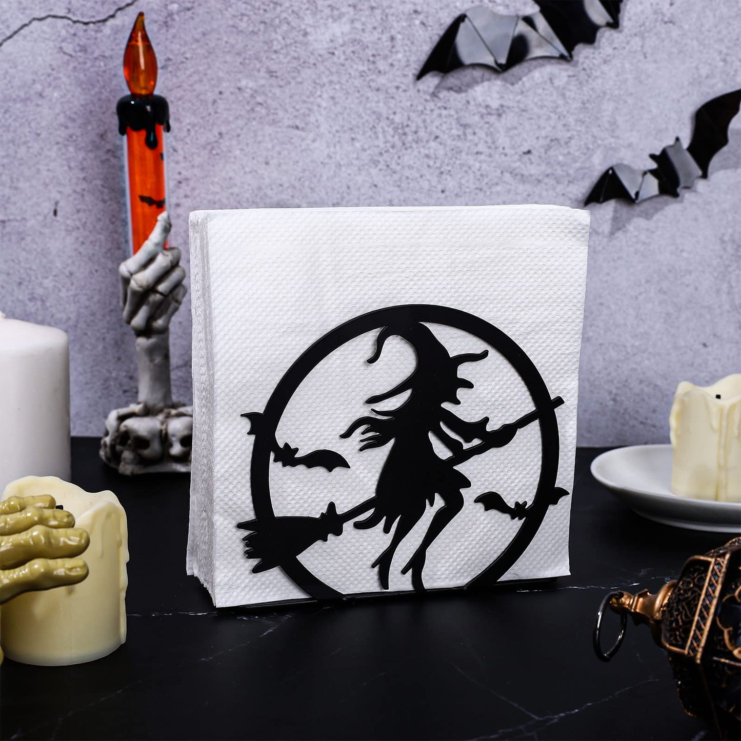 Whaline Halloween Napkin Holder Matte Black Metal Hocus Pocus Design Freestanding Tissue Dispenser Vertical Tabletop Napkin Holder for Square Paper Napkin Dinner Home Kitchen Restaurant Picnic Party