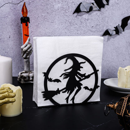 Whaline Halloween Napkin Holder Matte Black Metal Hocus Pocus Design Freestanding Tissue Dispenser Vertical Tabletop Napkin Holder for Square Paper Napkin Dinner Home Kitchen Restaurant Picnic Party